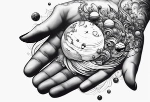 Human hand facing down with planets dangling from fingertips tattoo idea