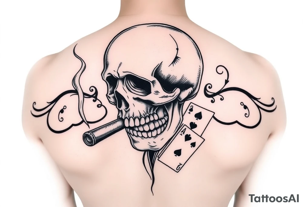 skull with a smoking cigar in his mouth,playing cards,money. tattoo idea
