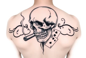 skull with a smoking cigar in his mouth,playing cards,money. tattoo idea