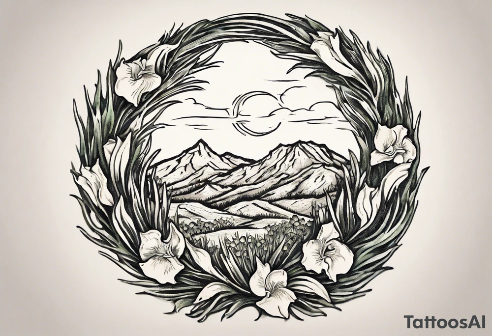 Create a small Vincent van Gogh Irises tattoo in the form of a crescent, with vines gracefully intertwining at a central point in the middle of the wreath.  In the middle of the wreath are mountains and other items found in New Mexico. Ensure that the design avoids the appearance of a bush and maintains a more structured and deliberate arrangement. The intended placement is on the upper chest. The overall design should be small in size while maintaining a delicate and artistic aesthetic. Pay attention to the graceful flow of the vines and the placement of the irises to achieve a refined and elegant look. tattoo idea