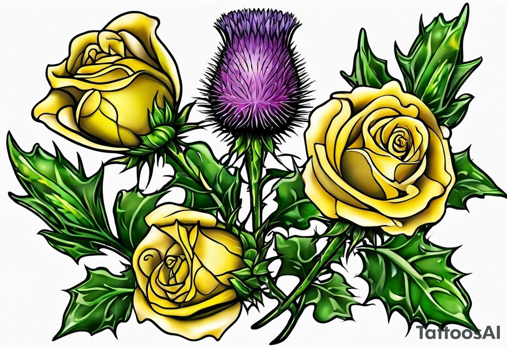 Scottish thistle, yellow rose and shamrock with stems intertwined spelling KND in celtic lettering tattoo idea