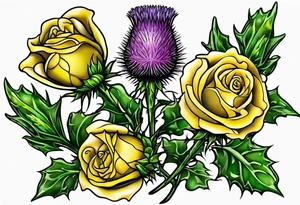 Scottish thistle, yellow rose and shamrock with stems intertwined spelling KND in celtic lettering tattoo idea