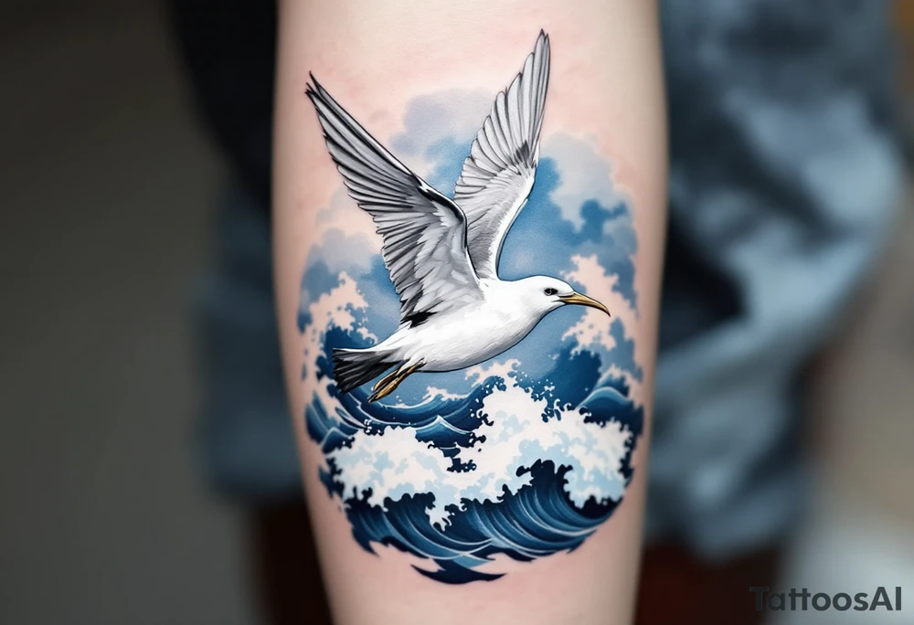 Soaring Albatross over Ocean Waves – A large albatross in mid-flight with outstretched wings above deep blue crashing waves, inked in shades of white, gray, and navy blue with subtle sky gradients in the background. tattoo idea