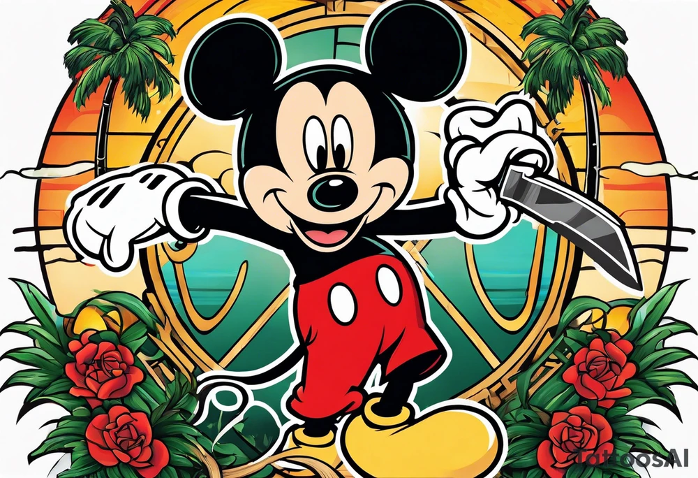mickey mouse holding a knife in one hand and a stick in the other hand with palm trees and the celtic symbol for family tattoo idea
