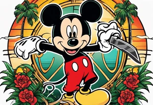 mickey mouse holding a knife in one hand and a stick in the other hand with palm trees and the celtic symbol for family tattoo idea