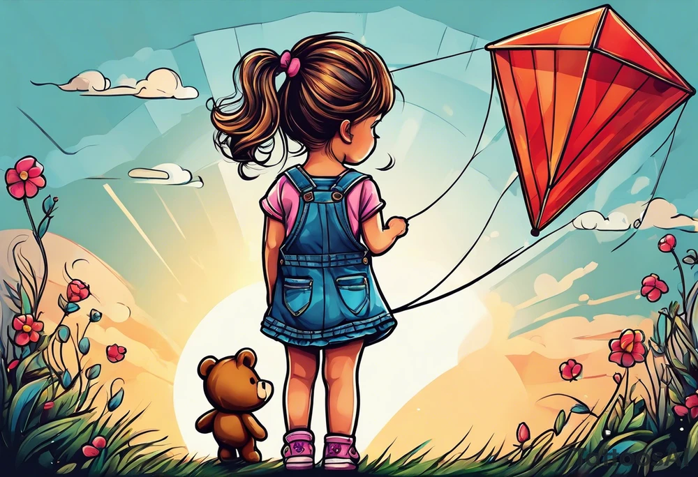 back image of a little girl in a dress, holding a kite , a teddy bear in overalls standing beside her tattoo idea
