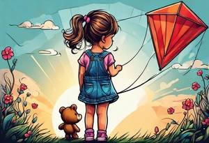 back image of a little girl in a dress, holding a kite , a teddy bear in overalls standing beside her tattoo idea