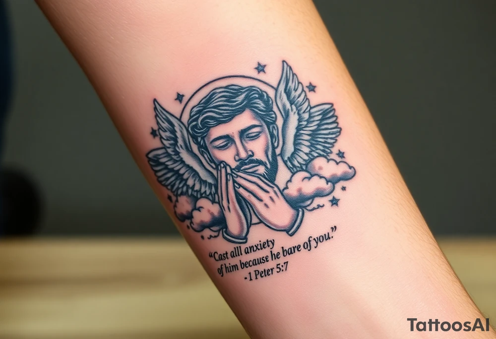 cast all your anxiety on him because he cares for you"  1 peter 5:7 surrounded with clouds and angels and praying hands tattoo idea