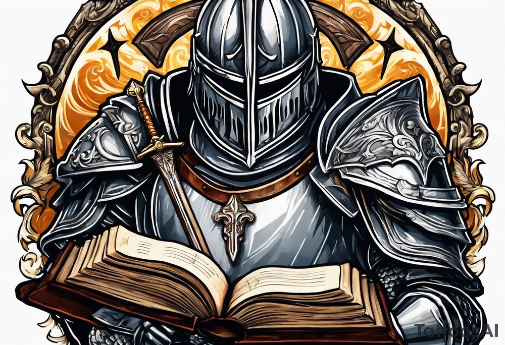 a knight pulling a sword out of an open bible tattoo idea