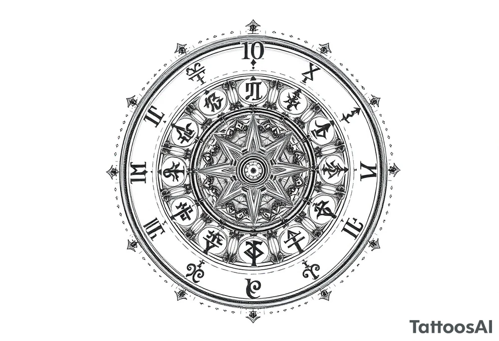 zodiac symbols runes within ornate clockwork mechanism tattoo idea