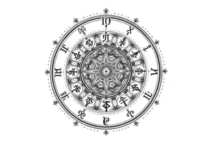 zodiac symbols runes within ornate clockwork mechanism tattoo idea