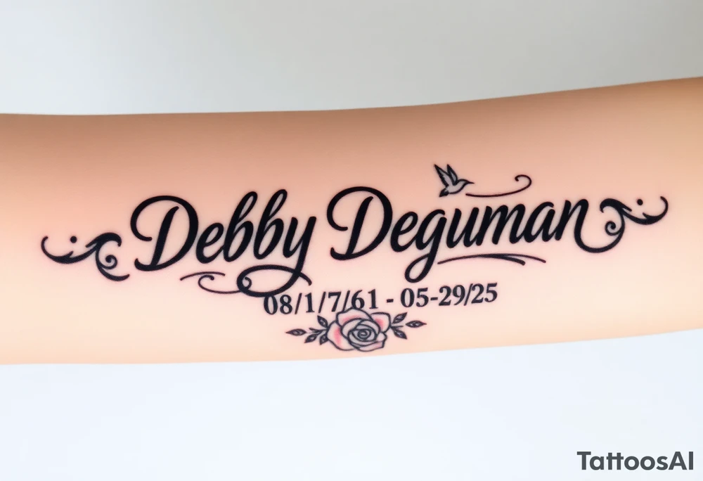Tattoo of the name Debby Deguzman in chunky bold curly cursive with the exact dates of 08/17/61-05/29/25 surrounded by 1 hummingbird and 1 rose tattoo idea