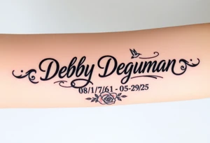 Tattoo of the name Debby Deguzman in chunky bold curly cursive with the exact dates of 08/17/61-05/29/25 surrounded by 1 hummingbird and 1 rose tattoo idea