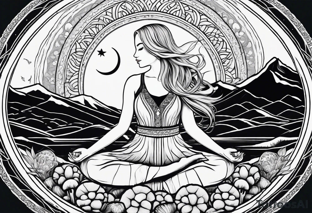 Straight blonde hair girl meditating facing away toward mountains surrounded by mushrooms crescent moon mandala circular design black and white striped dress tattoo idea