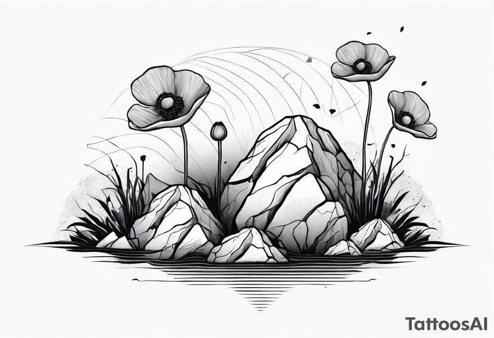 poppy growing out of boulder with roots enveloping rock in love tattoo idea