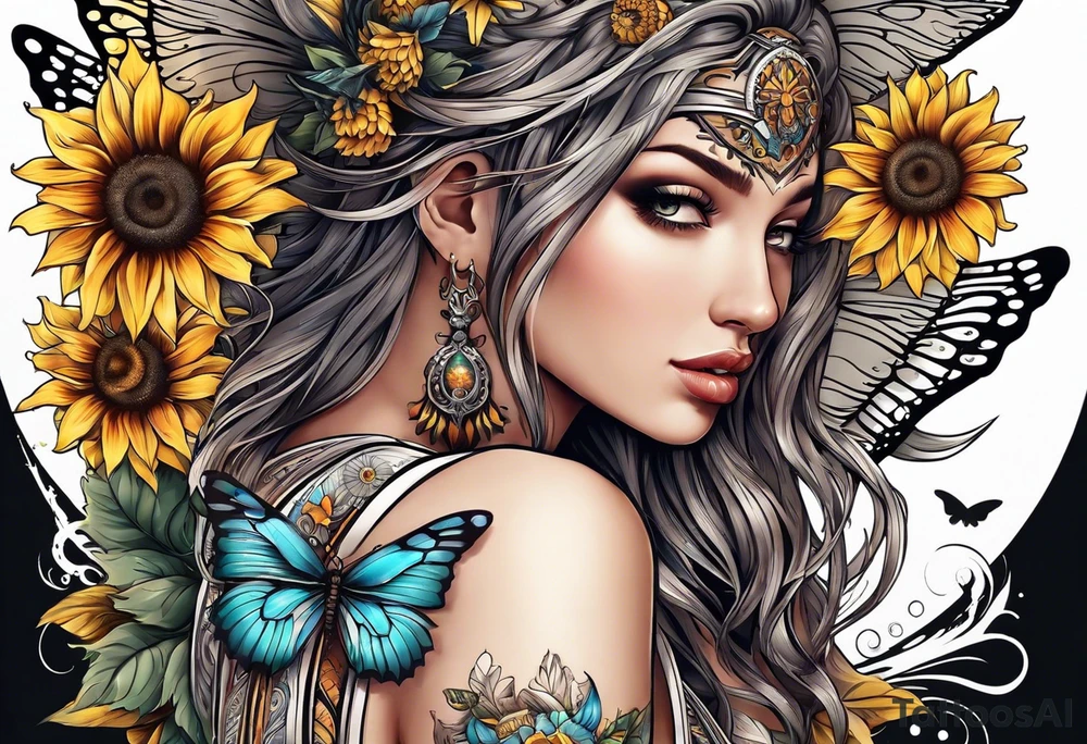 Sleeve with angel wings, sunflower and butterfly tattoo idea