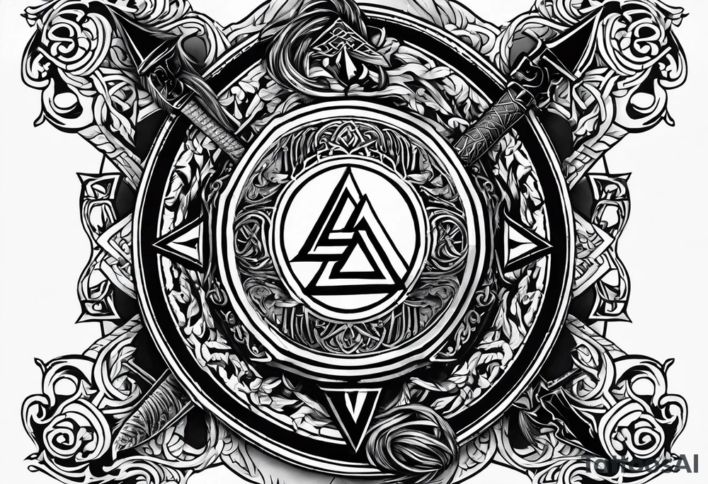Valhalla shield valknut sword axe flames cloud tattoo idea Valhalla shield valknut sword axe flames cloud tattoo idea