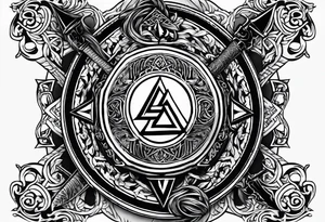 Valhalla shield valknut sword axe flames cloud tattoo idea