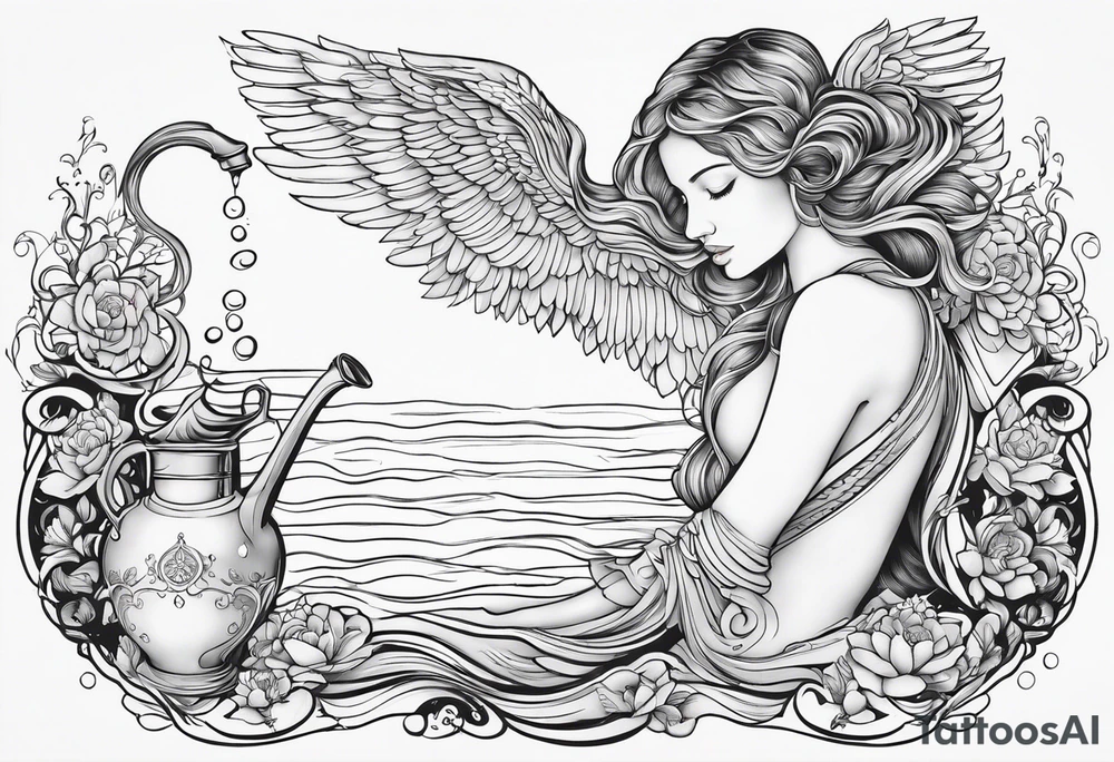 A black line ink design for a full sleeve tattoo featuring a beautiful, semi-naked woman representing the Aquarius water bearer. She has elegant, detailed angel wings and is pouring water out of a jug into a flowing stream. The stream curves around the arm, and within it, a single crab is visible, symbolizing the zodiac sign Cancer. The design should emphasize intricate line work, with a focus on the flowing water, the woman’s serene expression, and the detailed wings. The overall style should be elegant and mystical, with an emphasis on the contrast between the soft curves of the woman and the fluidity of the water, all rendered in black ink only. tattoo idea