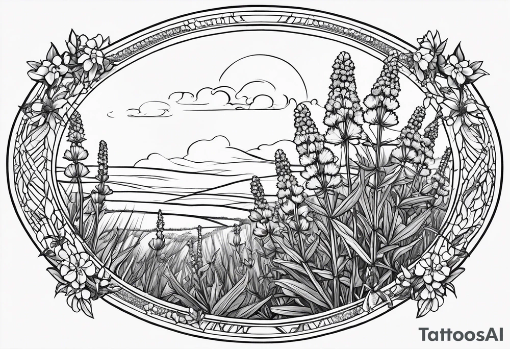 Generate a picture of Vervain (Verbena) flowers forming an oval shape with small leaves around them. tattoo idea