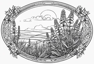 Generate a picture of Vervain (Verbena) flowers forming an oval shape with small leaves around them. tattoo idea
