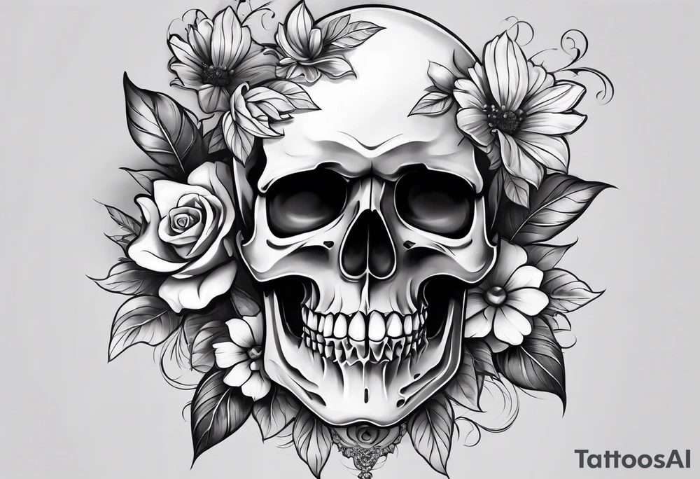 A Skull with blue eyes, smoke around the head and there flowers under the skull tattoo idea