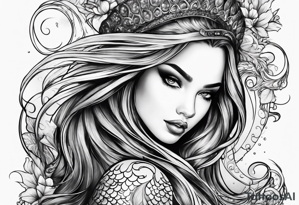 mystical sultery
 mermaid with long 
flowing tail and hair, tattoo sleeve tattoo idea