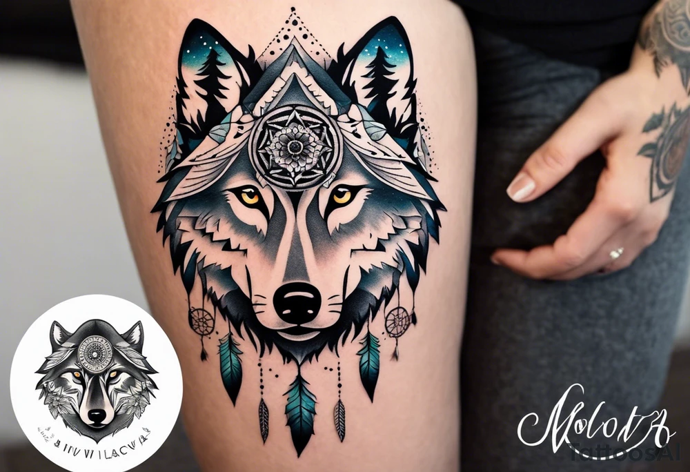 A whimsical wolf tattoo featuring mandala or dream catcher elements, with the wolf as the central focus, surrounded by mountains in the background. Include flowers and nature elements to fill the space around the wolf. Some color but not completely solid bold color tattoo idea