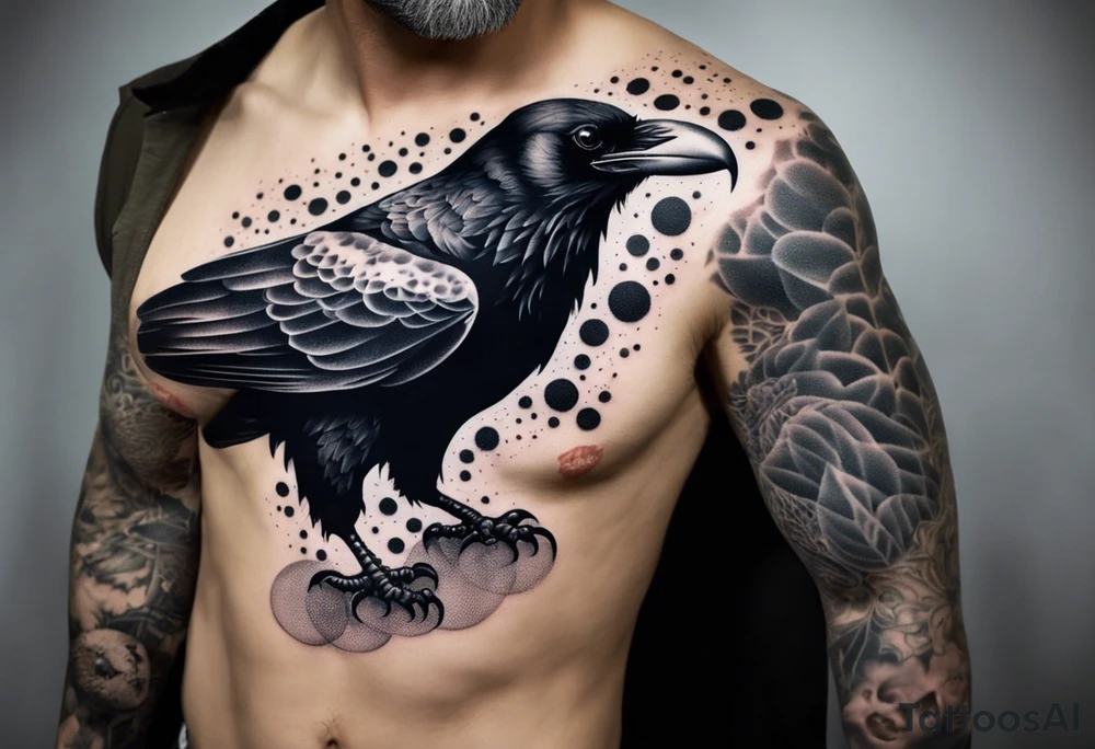 Full sleeve with a big raven standing on top of skulls , very dark tattoo idea