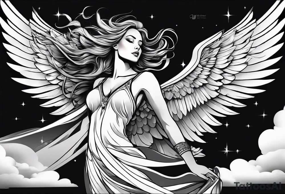 angel woman with big wings full body flying on the sky looking right side we can see right profile tattoo idea