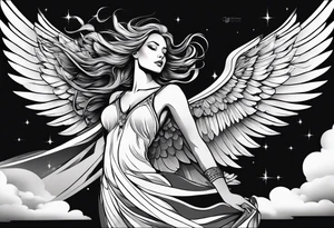 angel woman with big wings full body flying on the sky looking right side  we  can see right profile tattoo idea