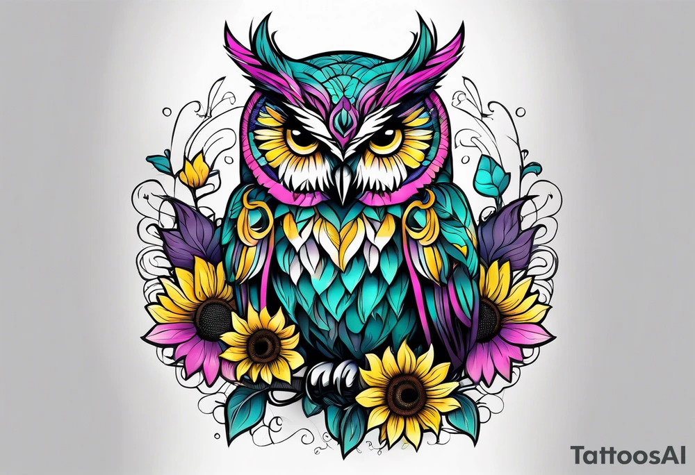Owl lightly colored teal, pink and purple surrounded by yellow sunflowers sleeve tattoo idea