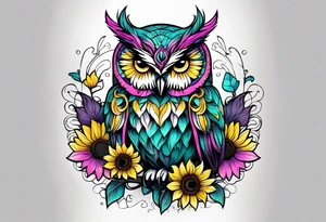 Owl lightly colored teal, pink and purple surrounded by yellow sunflowers sleeve tattoo idea