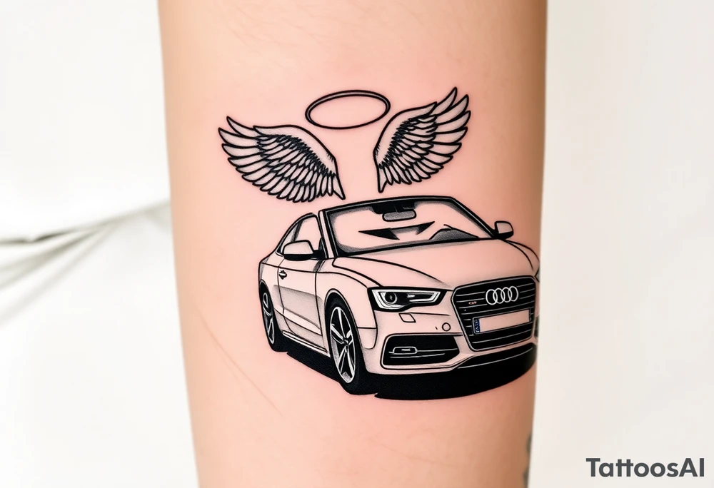 2014 Mustang  driving down highway with 2015 Audi S5 with Angel wings and halo above 2015 Audi S5 tattoo idea