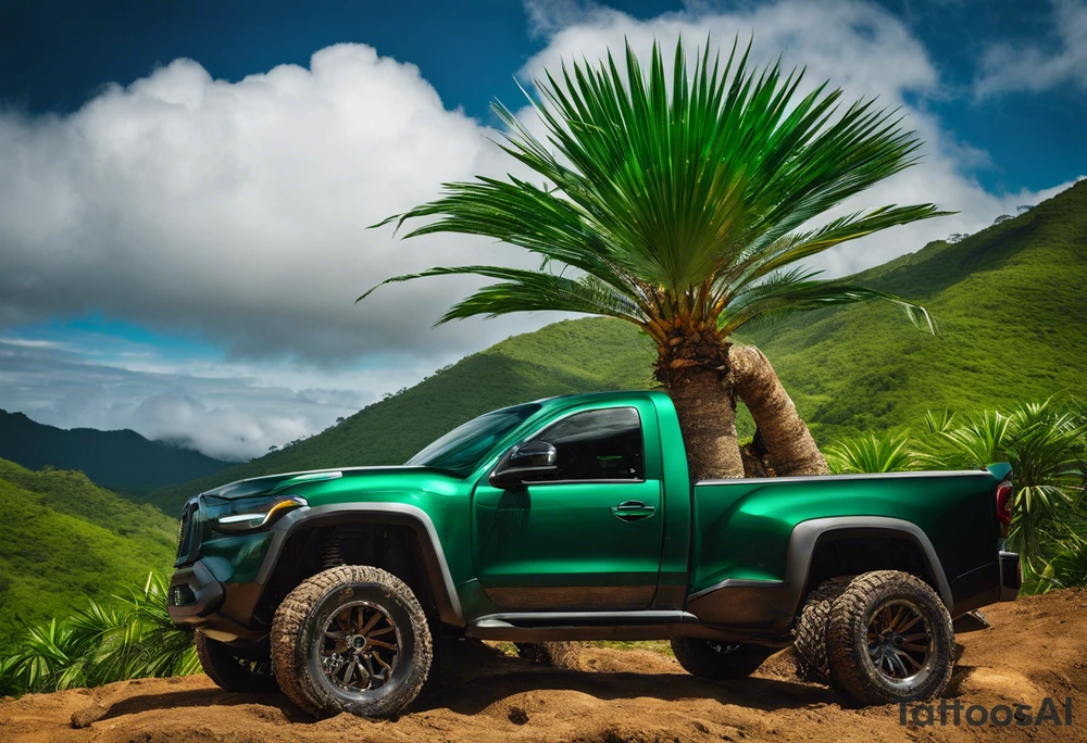 Tattoo: A striking Gachala emerald sits at the base of a tall quindio wax palm, which grows resiliently from cracks in rugged, rocky soil. The emerald is the main focal point, symbolizing strength and endurance, while the wax palm, rooted in the soil’s crevices, represents growth and resilience. A small water stream flows gently from the rocks, adding an element of life and nourishment tattoo idea