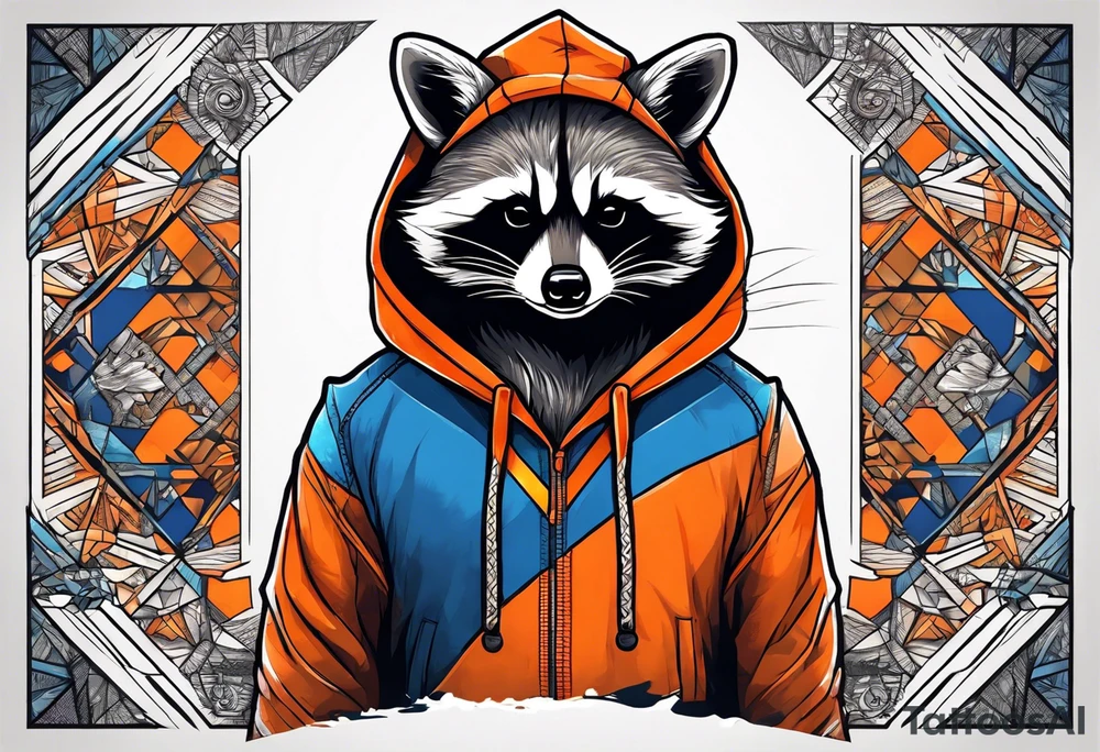 Raccoon wearing an orange Superman hoodie tattoo idea