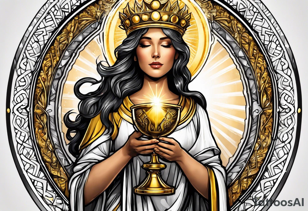 holy saint woman with golden halo holding a chalice tattoo idea