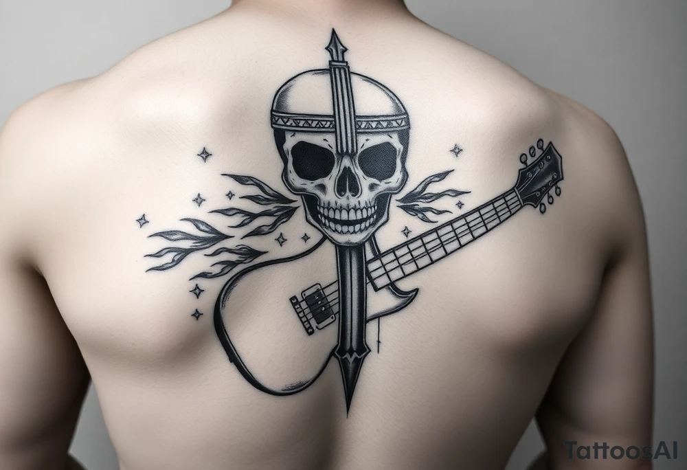 I would like to get a tattoo of a skull and a cross and in a guitar for your upper arm that would be covered with a sleeve and I want it just black and gray tattoo idea