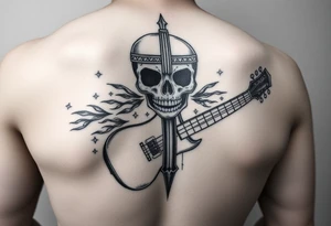 I would like to get a tattoo of a skull and a cross and in a guitar for your upper arm that would be covered with a sleeve and I want it just black and gray tattoo idea