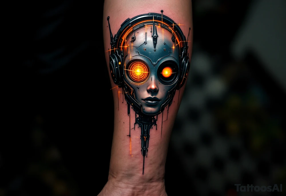 A half-android full arm design in glossy gunmetal, lit from within by soft amber light trails tattoo idea