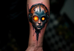 A half-android full arm design in glossy gunmetal, lit from within by soft amber light trails tattoo idea