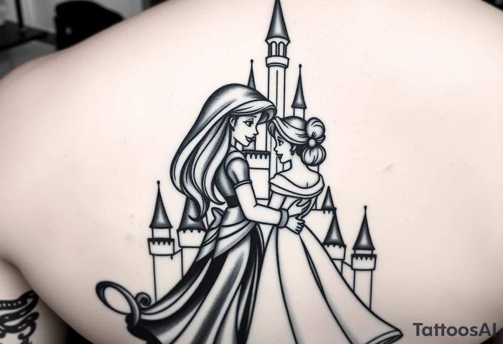 Disney princesses ariel and bell, hugging inn front of disney castle, black and white realism,castle can be outlined no need for details.leg sleveve, princesses detailed like in a cartoon tattoo idea