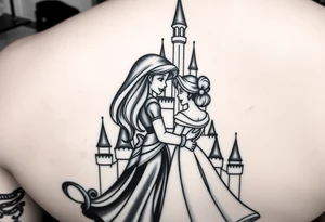 Disney princesses ariel and bell, hugging inn front of disney castle, black and white realism,castle can be outlined no need for details.leg sleveve, princesses detailed like in a cartoon tattoo idea