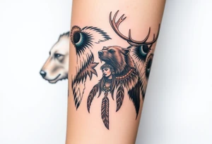 Indigenous, Majestic, and Powerful male Goliath Grizzly Bear. An Indigenous, Majestic, and Powerful King Elk. Both guarding an Indigenous, Majestic, and Powerful Raven haired Warrior Squaw tattoo idea