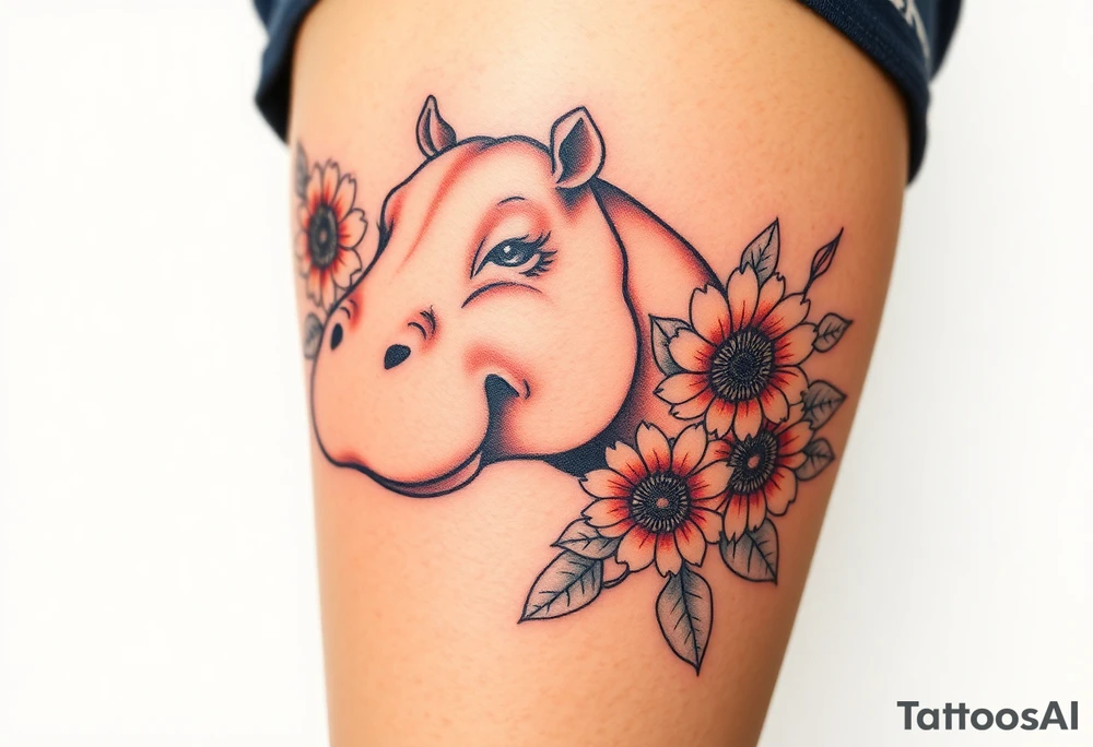 Cute hippo and with sunflowers and carnations realistic and feminine tattoo idea