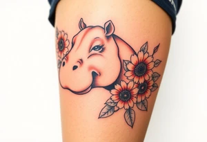 Cute hippo and with sunflowers and carnations realistic and feminine tattoo idea