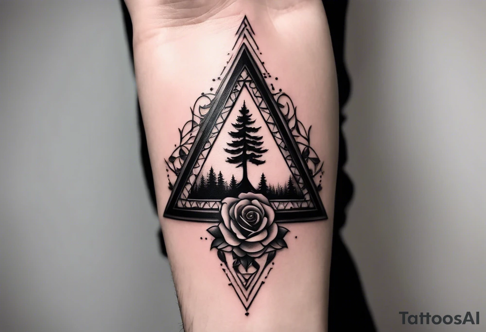 Design has three main elements, a rose, a tree and a triangle. The tree sits inside the triangle and the rose is length wise. The tattoo sits in the forearm. The tree and a triangle describes strength and resilience but also being down to earth and staying grounded. And the rose is a symbol of love and the loss of a loved one (my mother). The style should be aesthetically pleasing. tattoo idea