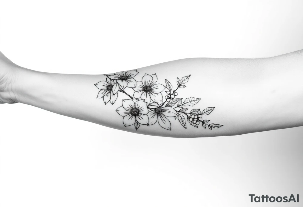 starting from a band mid forearm, narcissus flowers and holly flowers going up the arm tattoo idea
