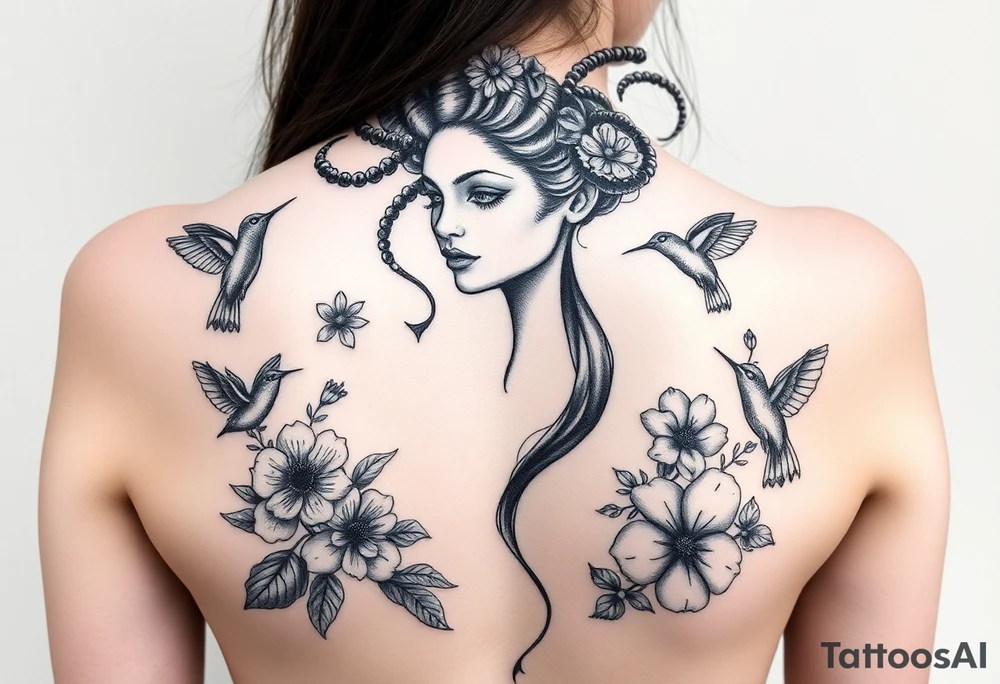 feminine medusa surrounded by hummingbirds and flowers tattoo idea