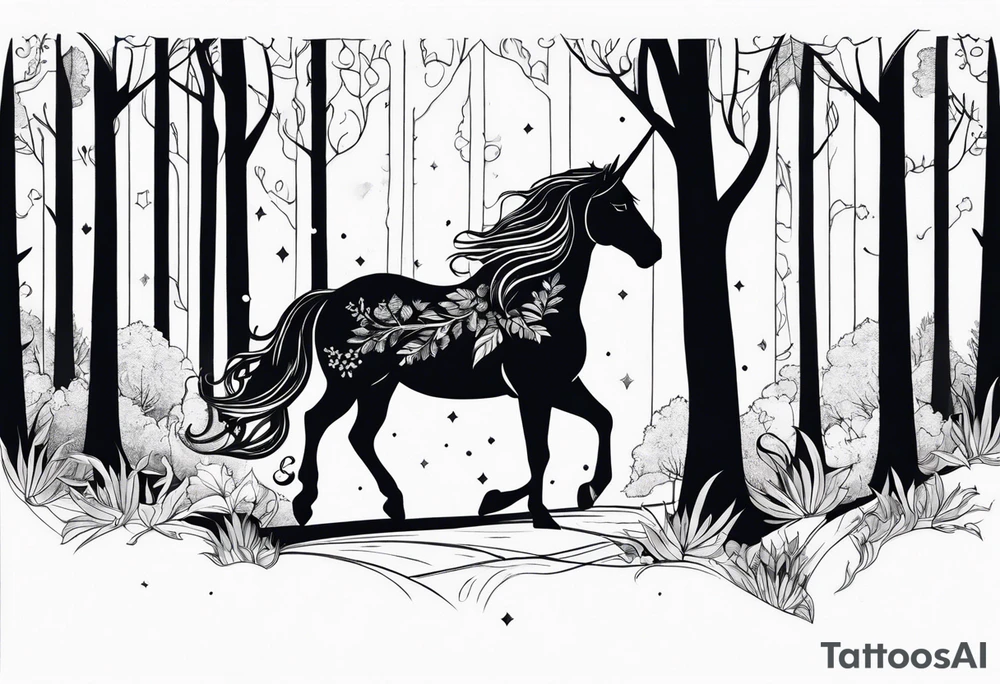 Unicorn in forest – Walking through an enchanted woodland. tattoo idea